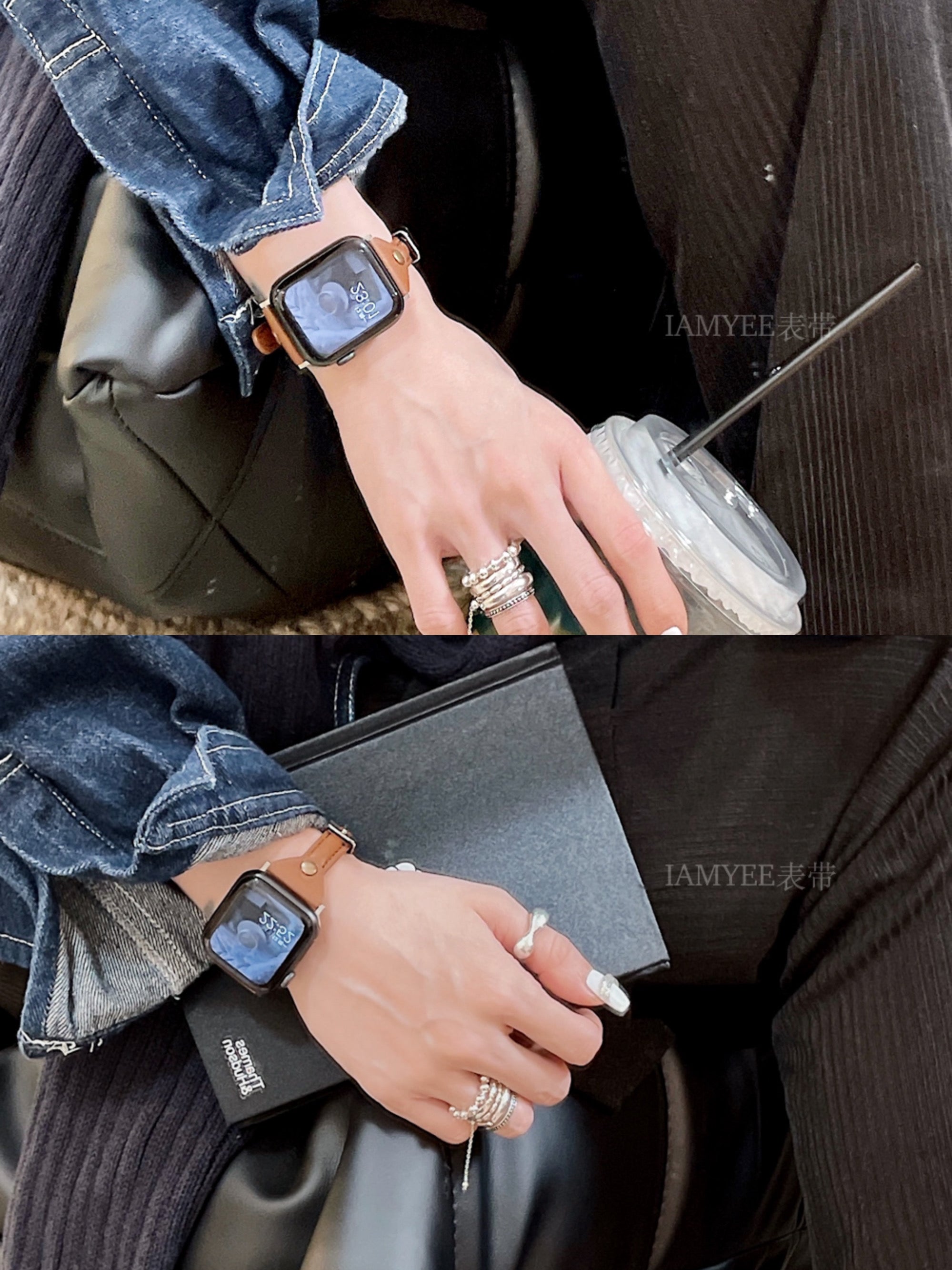 Single studded small waist premium leather watch band for Apple Watch