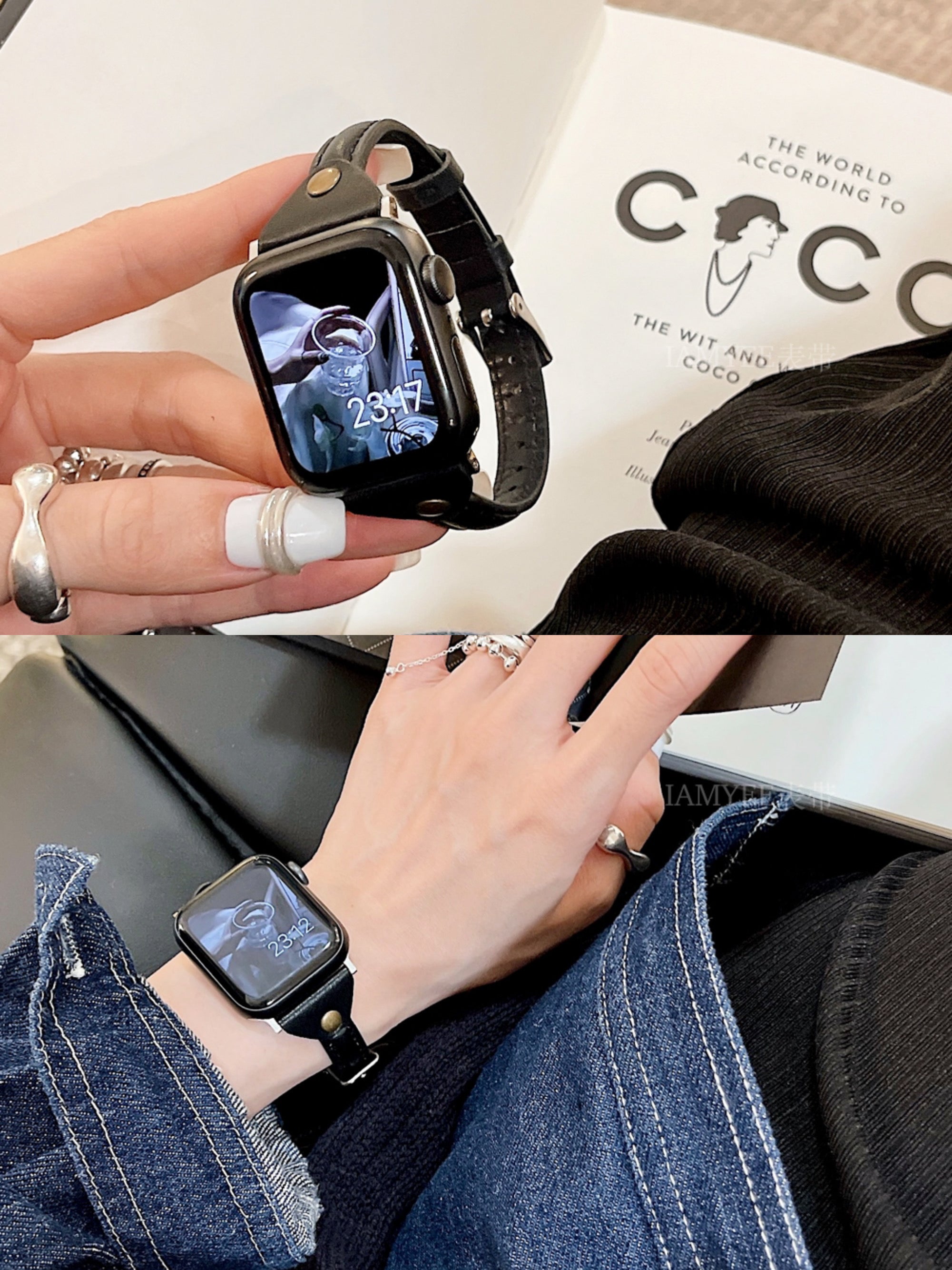 Single studded small waist premium leather watch band for Apple Watch