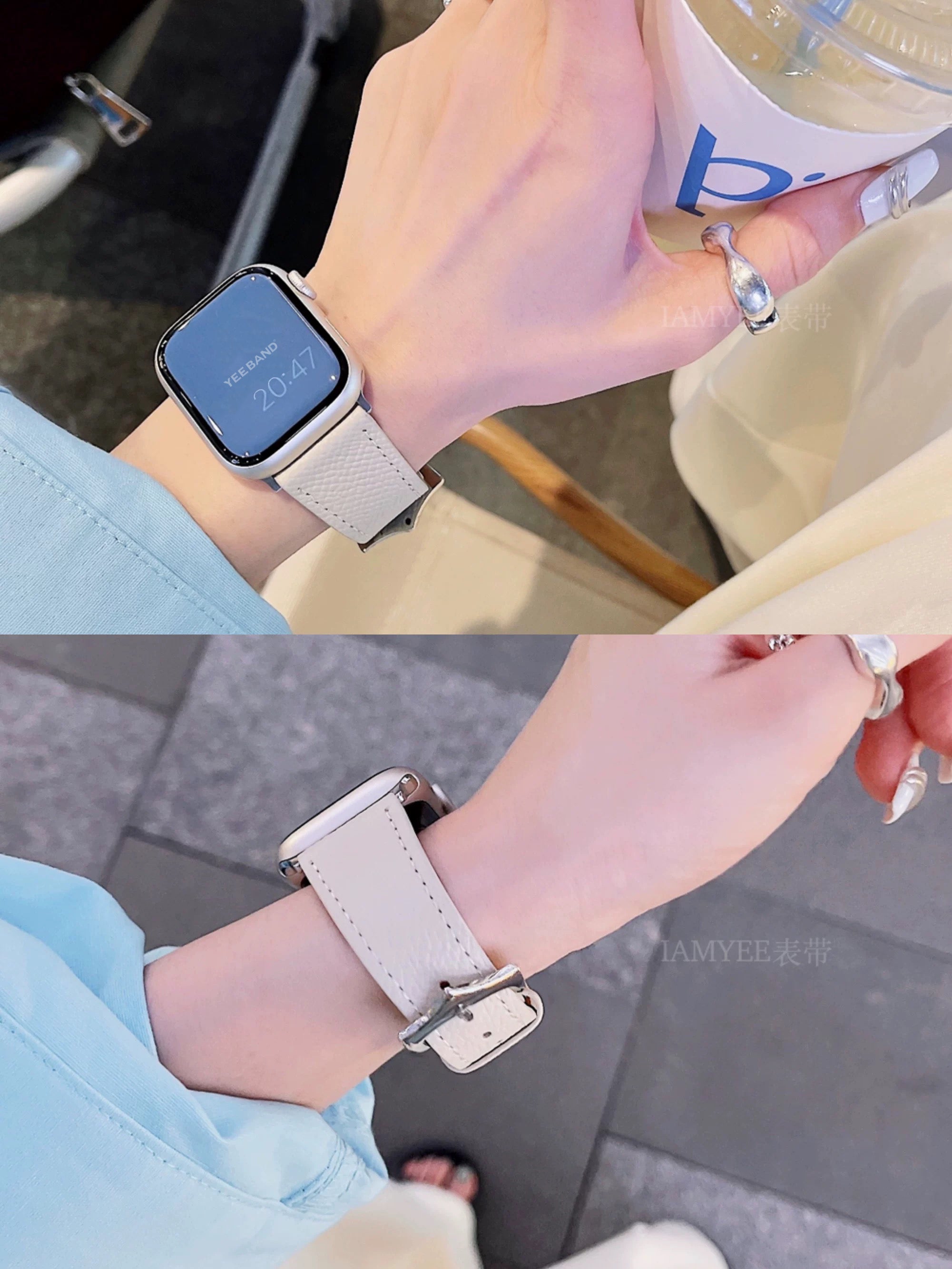 Genuine leather strap with lychee pattern and pointed buckle design for Applewatch