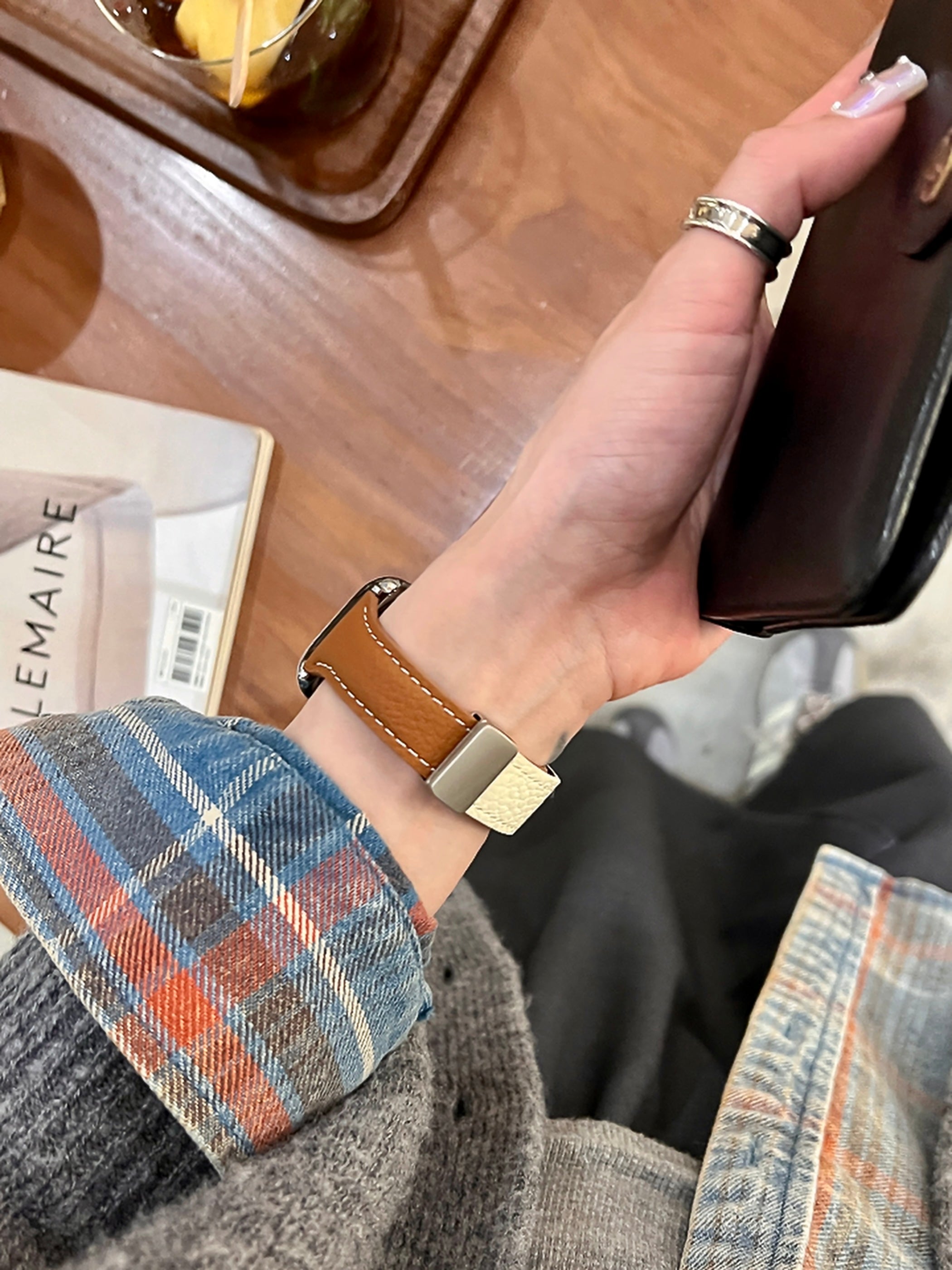 Lychee pattern magnetic buckle small waist leather strap