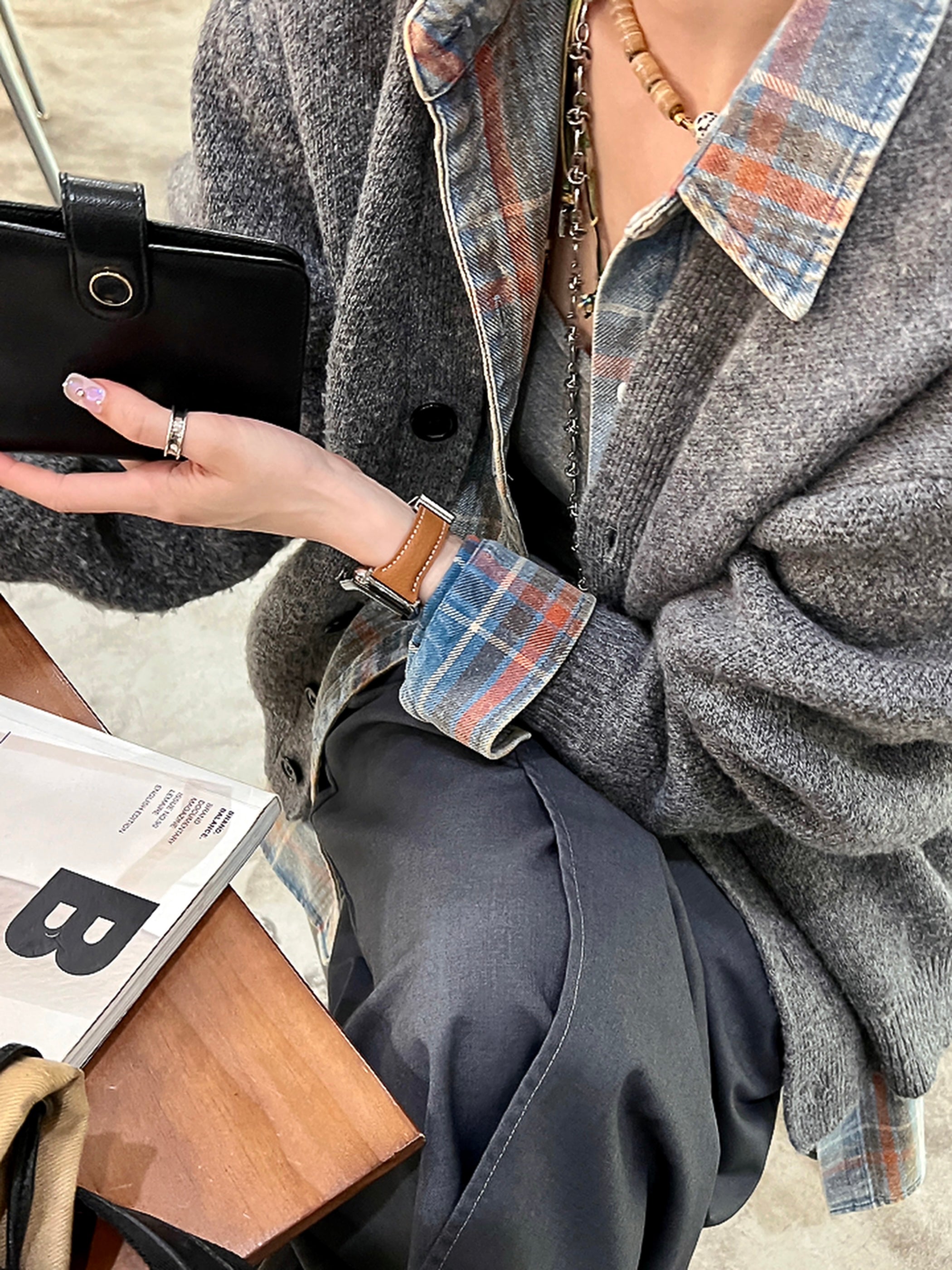 Lychee pattern magnetic buckle small waist leather strap