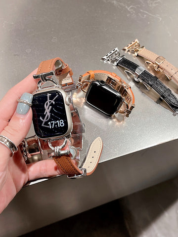 Butterfly Buckle Metal Stitching Leather Strap For AppleWatch