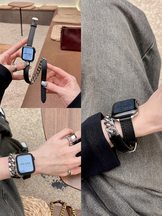 Leather Stitching Stainless Steel Double Ring Strap for Applewatch